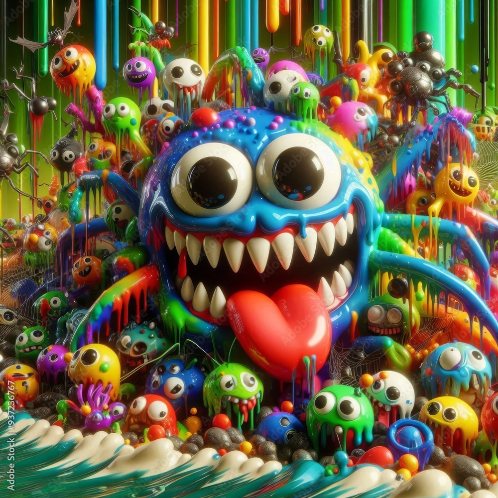 A Fantastical Burst of Color: A Playful Monster Surrounded by Adorable Creatures in a Whimsical Wonderland of Vibrant Melting Paint A Fantastical Burst of Color: A Playful Monster Surrounded by Adorable Creatures in a Whimsical Wonderland of Vibrant Melting Paint