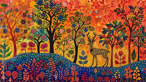 Traditional Gond art of deer and trees against a colorful backgr