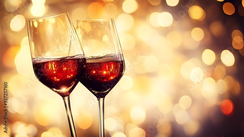 Clinking wine glasses in a joyful celebratory toast against a blurred out of focus background providing ample copy space for text overlay or design elements photo