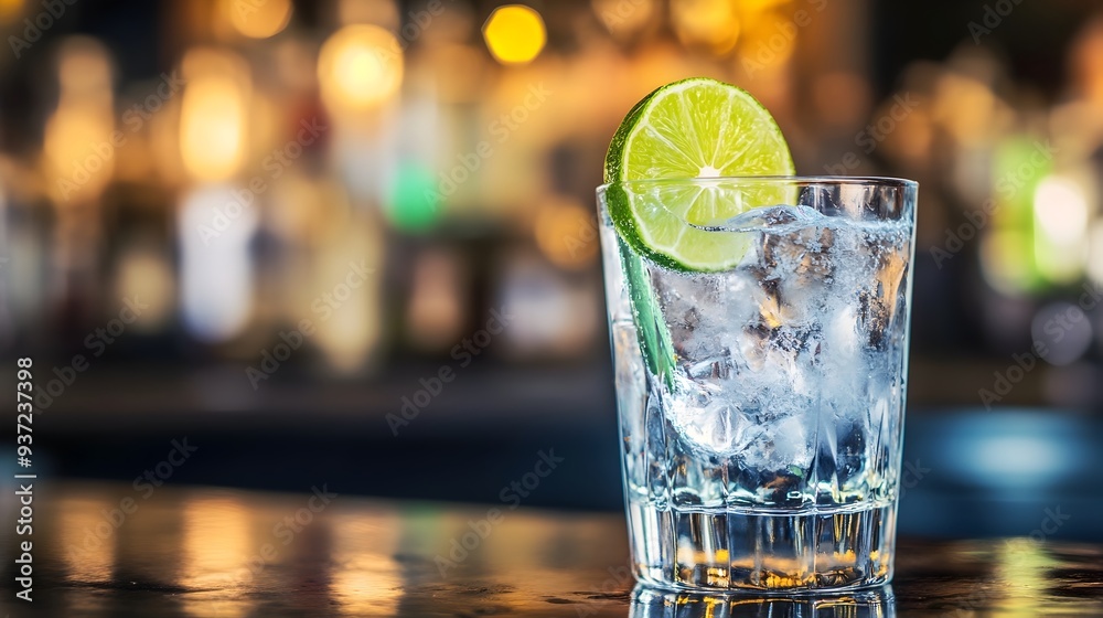 Classic gin and tonic cocktail served in a highball glass with a fresh lime wedge garnish set against a blurred bar background to leave room for text overlay  The drink is crisp refreshing
