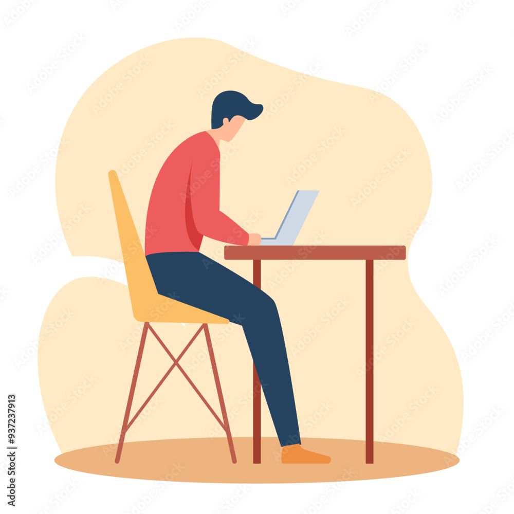 working in office. Worker at table. Laptop on desk. Person in front or back. Business character. People sitting on chair. Computer on desktop. Managers workplace working in office. Worker at table. Laptop on desk. Person in front or back. Business character. People sitting on chair. Computer on desktop. Managers workplace