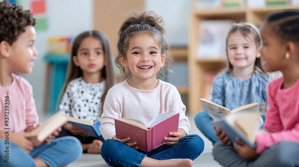 Group of Young Children Reading Books Together in a Classroom Setting