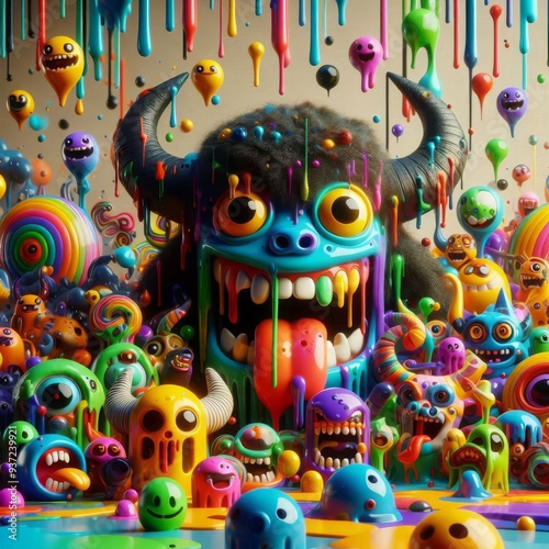 A Vibrant and Chaotic Realm of Whimsical Monsters and Colorful Drips, Bursting with Life and Playful Spirit