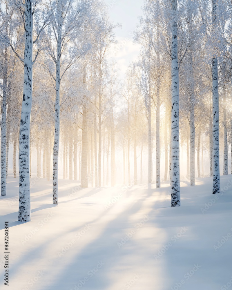Serene Winter Morning in Snowy Birch Forest with Golden Sunlight Serene Winter Morning in Snowy Birch Forest with Golden Sunlight