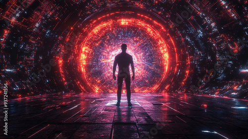 3D rendering of a futuristic digital silhouette using a holographic interface with data and AI visuals, surrounded by a high-resolution sci-fi city environment.