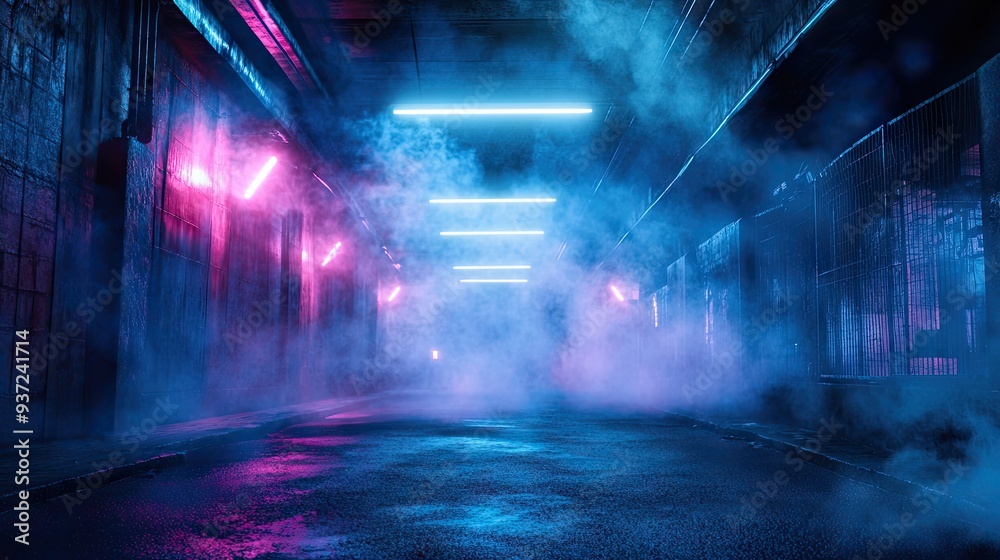 A dark, empty street with a blue asphalt background, illuminated by neon lights and spotlights, with smoke rising. A dark, empty street with a blue asphalt background, illuminated by neon lights and spotlights, with smoke rising.