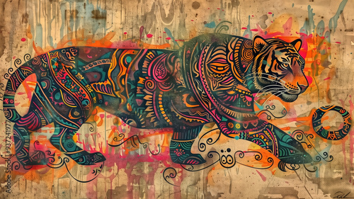 Traditional Madhubani style painting of a tiger on a textured ba photo