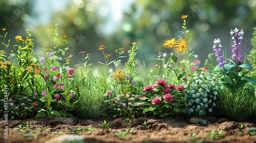 A vibrant garden scene filled with various colorful flowers and lush greenery, evoking a sense of tranquility.