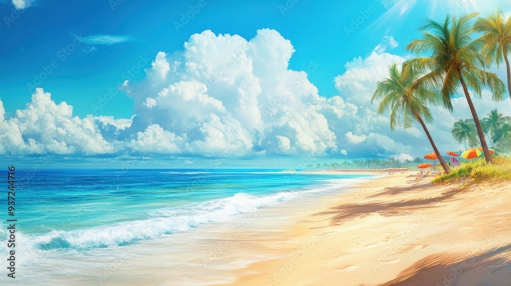 Obraz premium A serene beach scene with palm trees, soft waves, and vibrant clouds under a bright sky.
