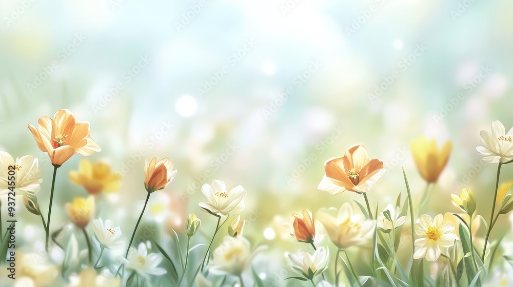 Fototapeta premium A serene field of colorful flowers in soft focus, creating a tranquil atmosphere.