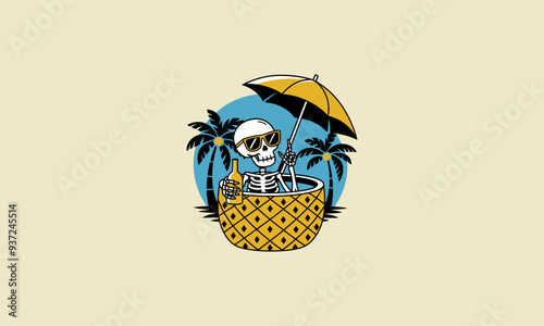 skeleton is soaking in a pineapple shaped tub with a view of the beach with palms vector