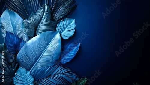 Collection of tropical leaves,foliage plant in blue color with space background photo