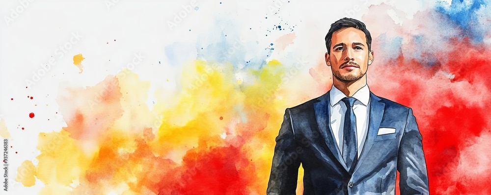 Watercolor painting of a man in a suit against a colorful background Watercolor painting of a man in a suit against a colorful background