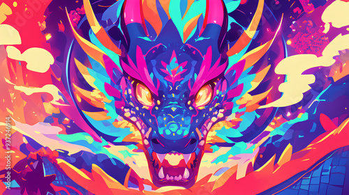 Cute dragon wearing Japanese samurai armor, cool poses, cute kawaii, simple, smiling happy. high quality, neon psychedelic background