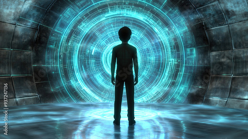 Advanced artificial intelligence concept with a digital human silhouette standing before a holographic display featuring futuristic data and city background.