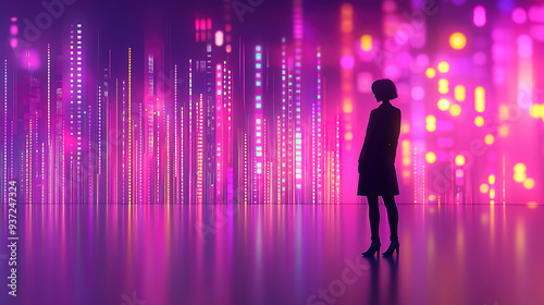 Futuristic digital silhouette interacting with a holographic interface showcasing advanced AI technology and data visualizations against a high-tech cityscape.