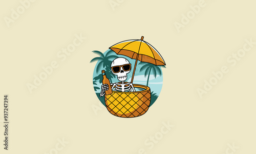 skeleton is soaking in a pineapple shaped tub with a view of the beach with palms vector