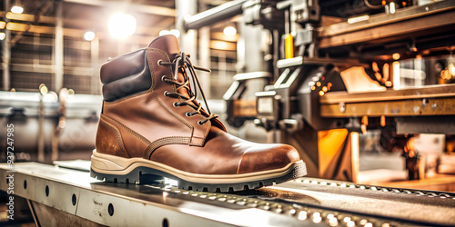 Photo Realistic as Safety boots and industrial machine concept as Safety boots paired with an industrial machine symbolizing the importance of foot protection in manufacturing environments perfect for