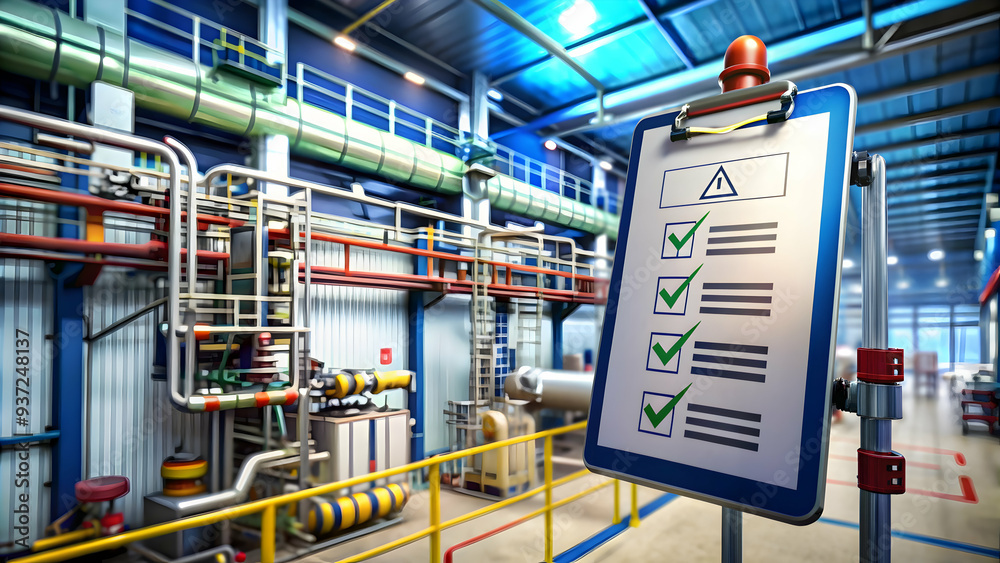 Fototapeta premium Photo Realistic as Safety checklist and industrial process concept as A safety checklist paired with an industrial process symbolizing the importance of safety checks in manufacturing workflows perfec