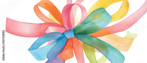 A vibrant and colorful watercolor ribbon bow, perfect for celebrations and gift wrapping, adding a joyful touch to any occasion.