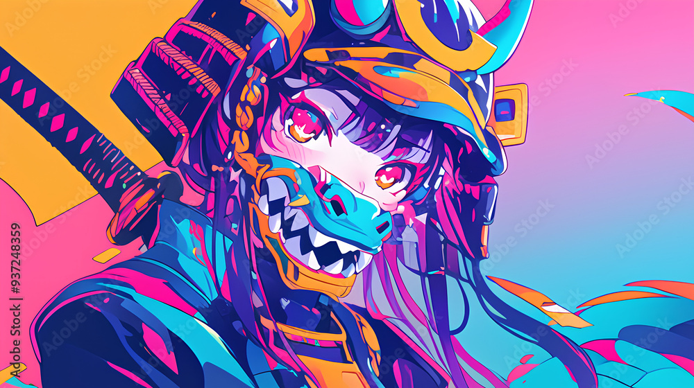Cute dragon wearing Japanese samurai armor, cool poses, cute kawaii, simple, smiling happy. high quality, neon psychedelic background Cute dragon wearing Japanese samurai armor, cool poses, cute kawaii, simple, smiling happy. high quality, neon psychedelic background