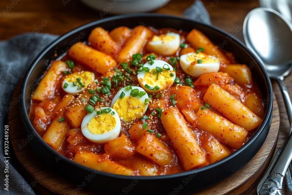 Tteokbokki, Stir-fried rice cakes in a spicy and sweet gochujang sauce, often mixed with fish cakes and boiled eggs. Tteokbokki, Stir-fried rice cakes in a spicy and sweet gochujang sauce, often mixed with fish cakes and boiled eggs.