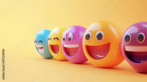Colorful smiling emoji faces lined up against a bright yellow background, radiating joy and positivity.