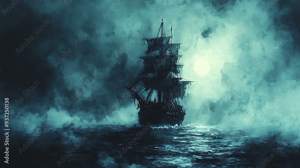 Ghost ship sailing on a foggy night, blending mystery and the supernatural in a chilling and atmospheric scene. Ghost ship sailing on a foggy night, blending mystery and the supernatural in a chilling and atmospheric scene.