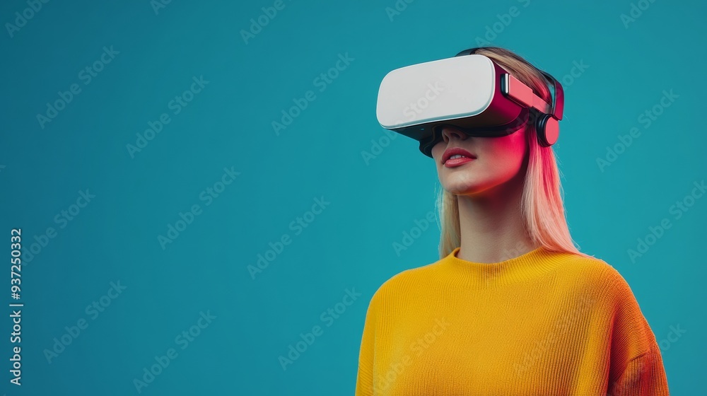 Virtual Reality Escape: A young woman with blonde hair, wearing a yellow sweater, immerses herself in a world of virtual reality, her expression a mixture of wonder and intrigue, against a vibrant blu Virtual Reality Escape: A young woman with blonde hair, wearing a yellow sweater, immerses herself in a world of virtual reality, her expression a mixture of wonder and intrigue, against a vibrant blu