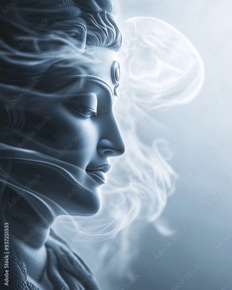 Close-Up of Serene Ancient Sculpture with Mystical Smoke in Soft Lighting Close-Up of Serene Ancient Sculpture with Mystical Smoke in Soft Lighting