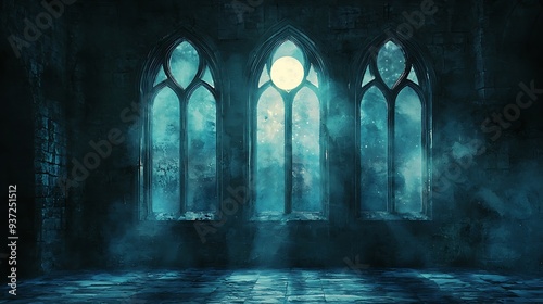 Gothic room with moonlight through windows, capturing the haunting and serene beauty of a dark and mysterious night.