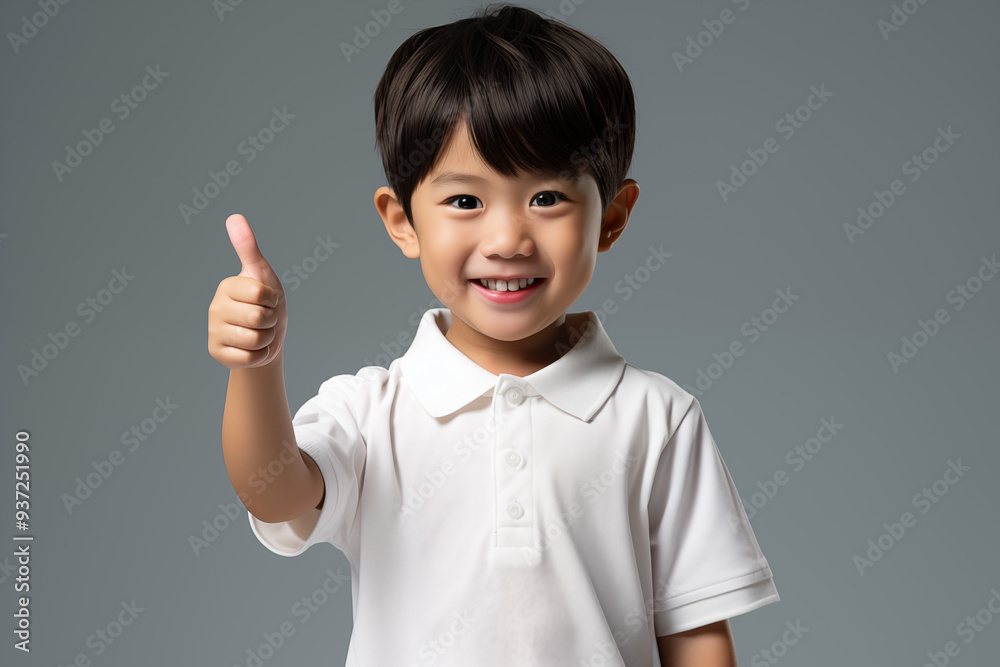 young Asian kid wearing a red outfit is doing a thumb up, isolated on a white isolated background young Asian kid wearing a red outfit is doing a thumb up, isolated on a white isolated background