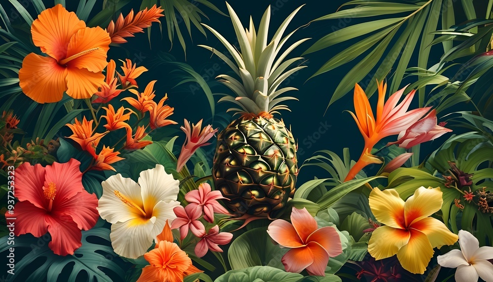 flowers in the garden A pineapple surrounded by tropical foliage and flowers. flowers in the garden A pineapple surrounded by tropical foliage and flowers.