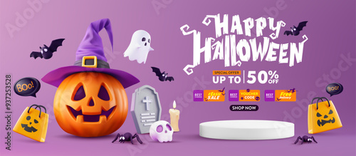Vector of Halloween Sale Promotion Banner with Pumpkin,Witch Hat,Ghosts and Spooky Halloween Decorations.Special Halloween Offer for Trick or Treating,Perfect for Holiday Shopping and Festive Deals