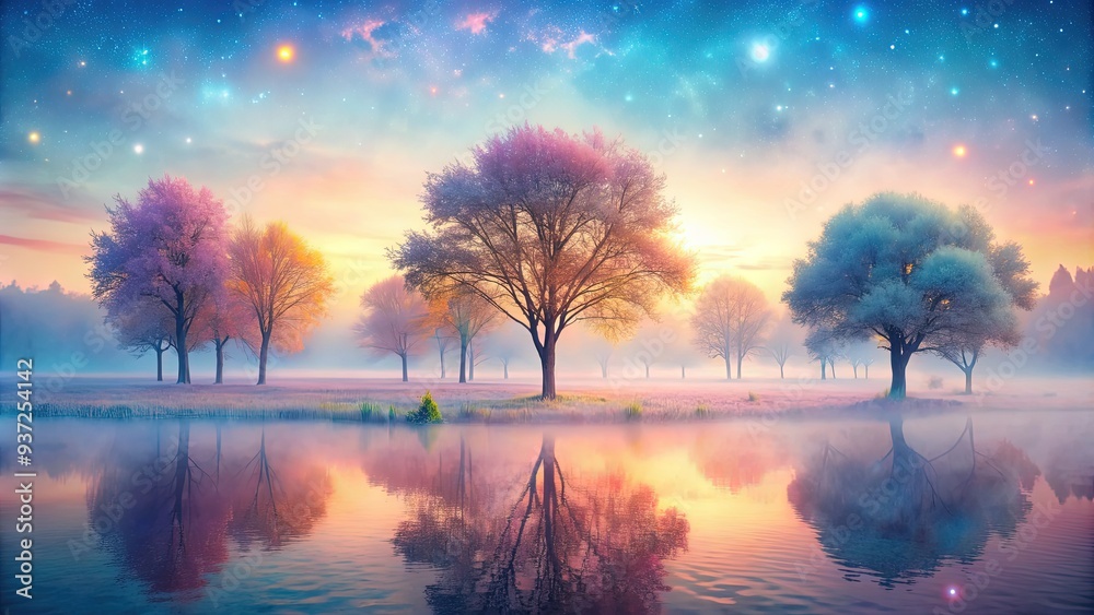 Obraz premium Ethereal misty landscape with soft focus trees, vibrant pastel hues, and subtle shimmer effects, evoking a sense of whimsical fantasy and serene wonder.