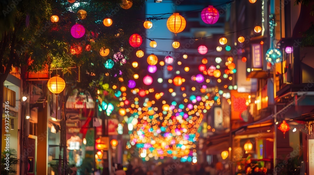 1. A vibrant street filled with colorful festival lights and decorations 1. A vibrant street filled with colorful festival lights and decorations
