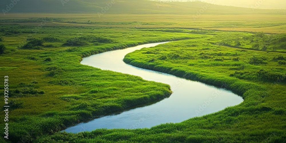 Serpentine River Flowing Through Vibrant Green Savannah Serpentine River Flowing Through Vibrant Green Savannah