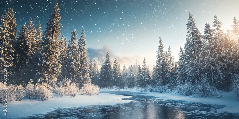 Fototapeta premium A serene, snowy landscape engulfs a forest with tall trees partially coated in frost under a clear, starry sky. 