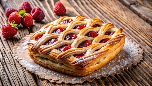 Flaky, buttery Danish pastry sprinkled with sugar, filled with sweet raspberry jam, and topped with a delicate pastry lattice, on a rustic wooden background. photo