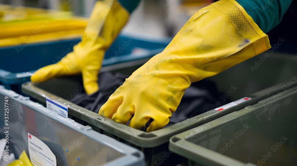 close up hands wearing yellow cleaning gloves, sorting and disposing of waste into various bins close up hands wearing yellow cleaning gloves, sorting and disposing of waste into various bins