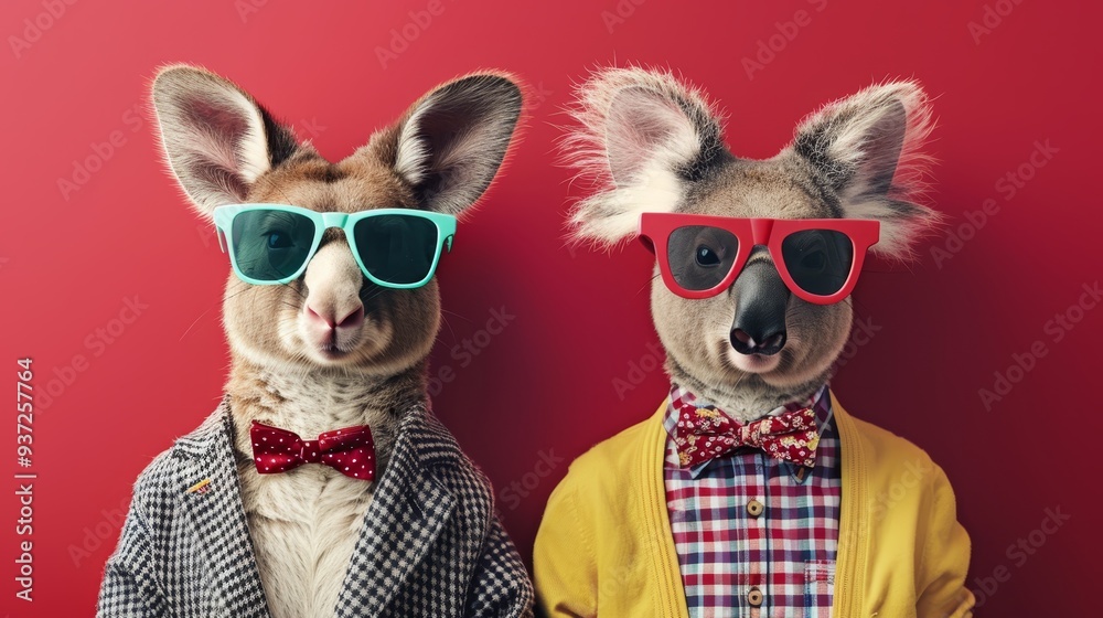 Cool and Stylish Kangaroo and Koala Wearing Sunglasses and Bow Ties