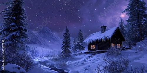 Calm Winter Scene: A Lonely Cabin Enclosed in a Crystalline Winter Wonderland under Starlit Skies.