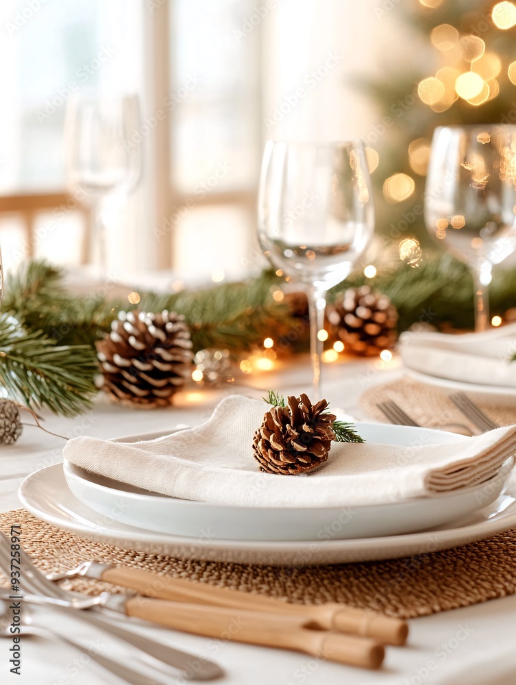 Festive Christmas Dinner Table Setting with Pine Cones and Elegant Decorations Festive Christmas Dinner Table Setting with Pine Cones and Elegant Decorations