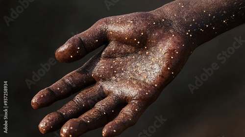 Monkeypox virus infection visible on a person's hand, showing characteristic bumps and lesions.