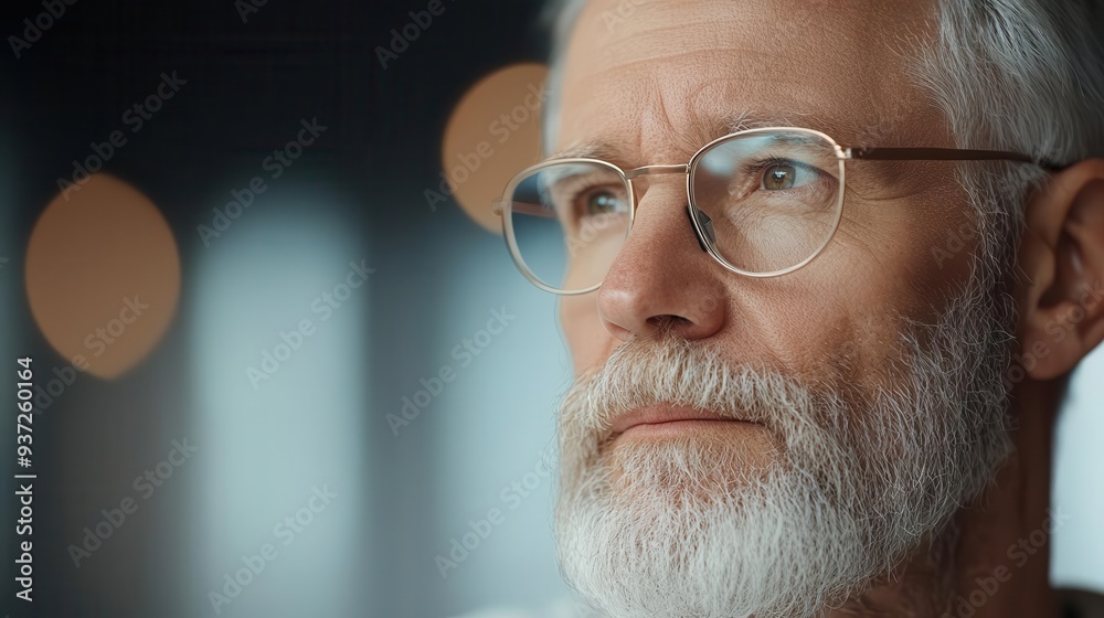 Close-up portrait of a thoughtful older man with glasses showcasing wisdom and introspection against a blurred background Close-up portrait of a thoughtful older man with glasses showcasing wisdom and introspection against a blurred background
