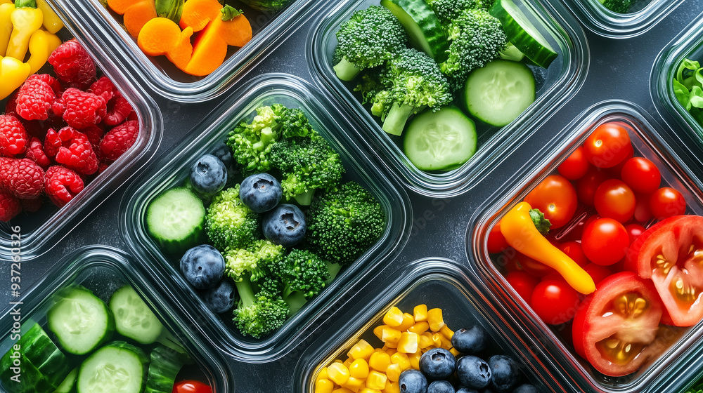 Homemade Containers with Colorful Vegetables, Fruit, and Protein Homemade Containers with Colorful Vegetables, Fruit, and Protein