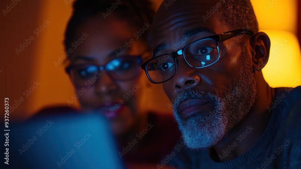 A couple enjoys a cozy evening together sharing moments while looking at a tablet in a warm, softly lit room A couple enjoys a cozy evening together sharing moments while looking at a tablet in a warm, softly lit room