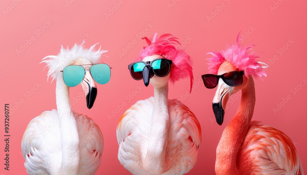 Naklejka premium Three Flamingos with Sunglasses on Pink Background