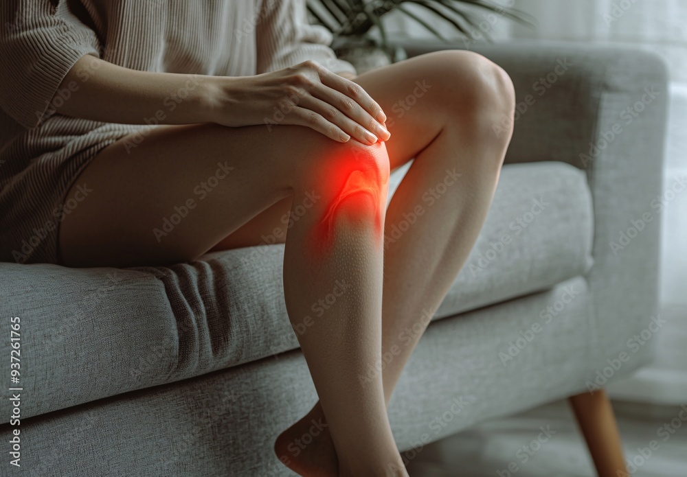 Obraz premium A woman experiencing knee pain, appearing exhausted and in discomfort