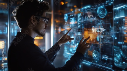 A small business owner analyzing real-time sales data on a holographic display, with AI-generated graphs and trends assisting in making strategic decisions, blending the physical and digital 